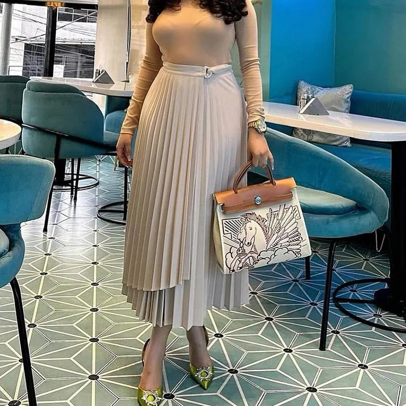 Women Skirts Pleated Irregular Solid High Waist A Line Mid Calf Skirts Elegant Lady Regular Casual Folds Summer