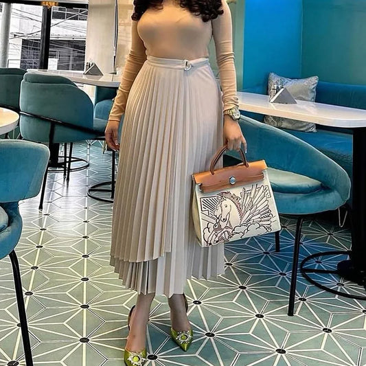 Women Skirts Pleated Irregular Solid High Waist A Line Mid Calf Skirts Elegant Lady Regular Casual Folds Summer