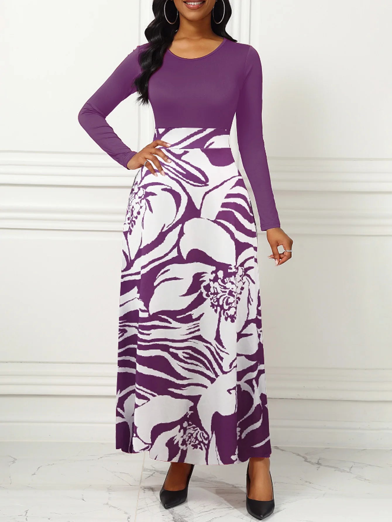Women Long Sleeve Round Neck Printed Hem Long Purple Elegant Style dress