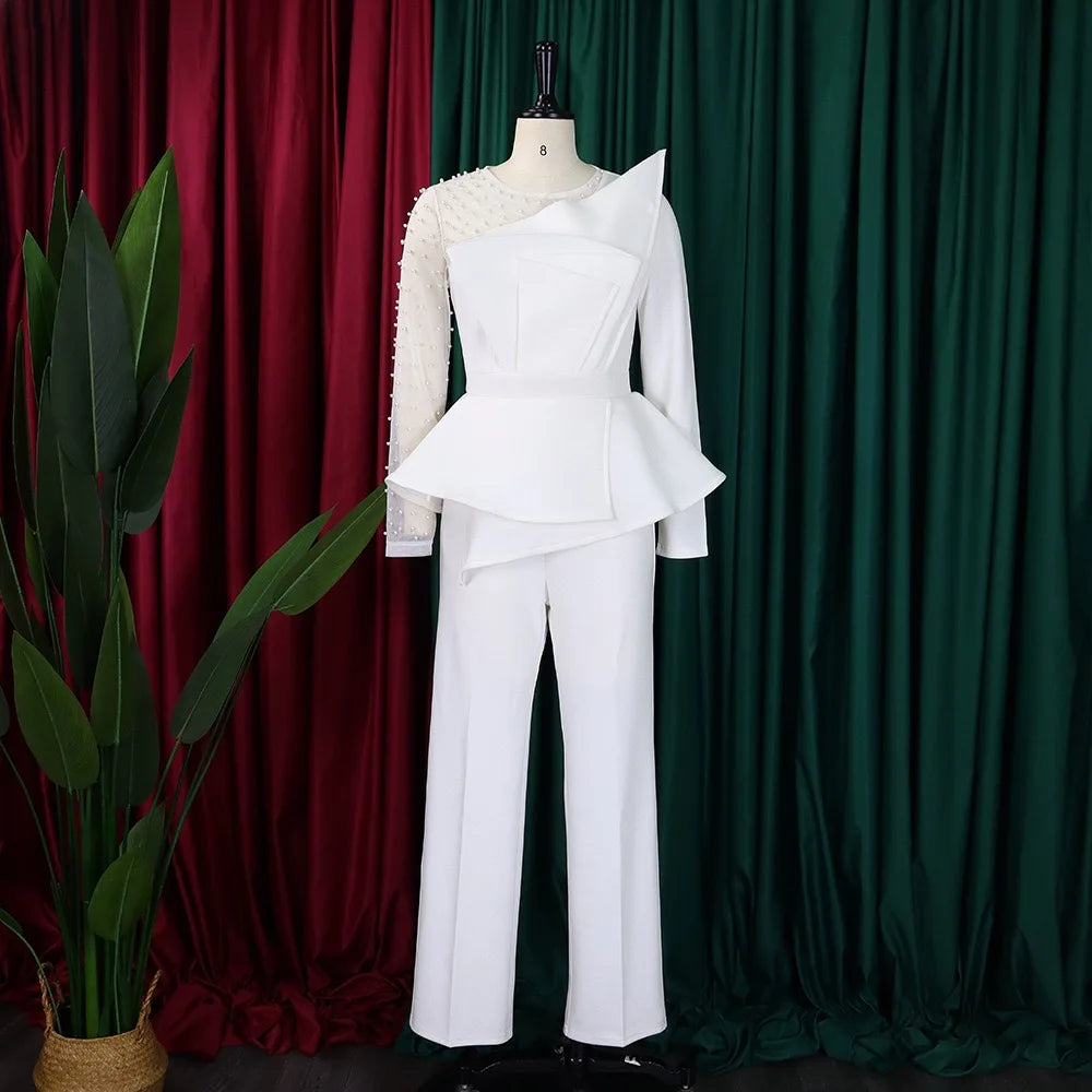 Women Luxury Jumpsuits & Rompers for Round Neck Beaded Transparent Sleeve High Waisted Elegant