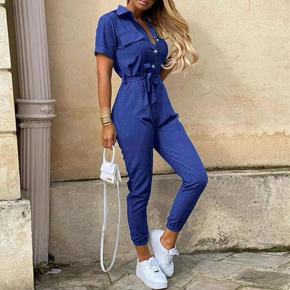 New Women jumpsuit casual workwear summer romper with print button up lapel waist belt slim fit onepiece