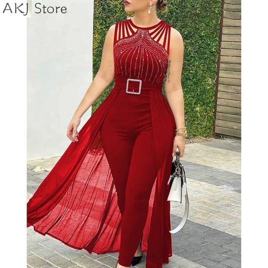 Women's sexy round neck rhinestone sheer mesh sleeveless with belt jumpsuit