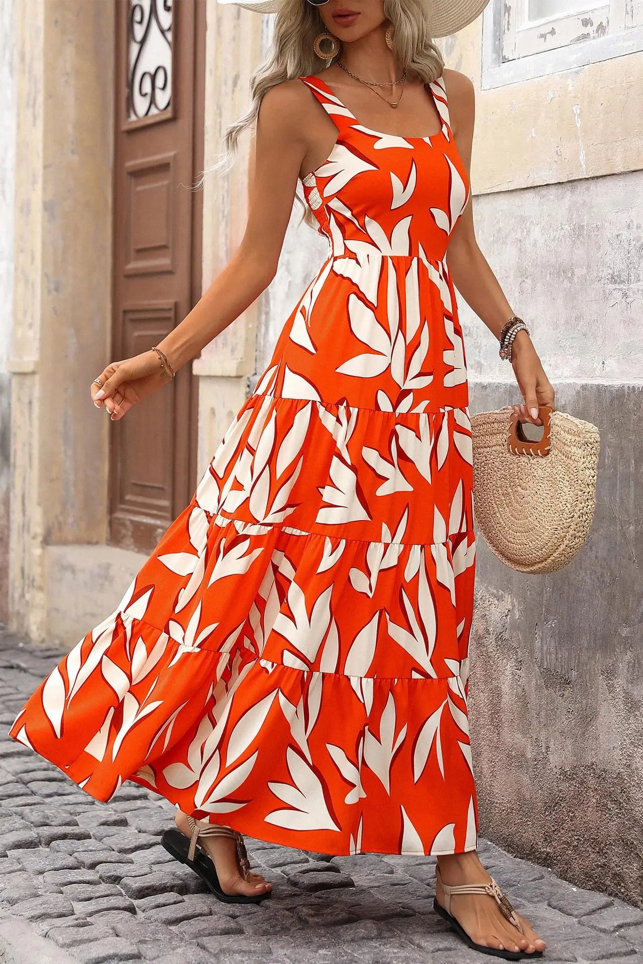 Women summer leaf print tank dress boho fashion casual ruffle trim long dress