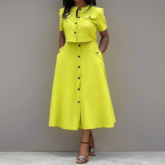 Women elegant Button Top & High Waist Skirt Set | Elegant O-Neck Two-Pieces