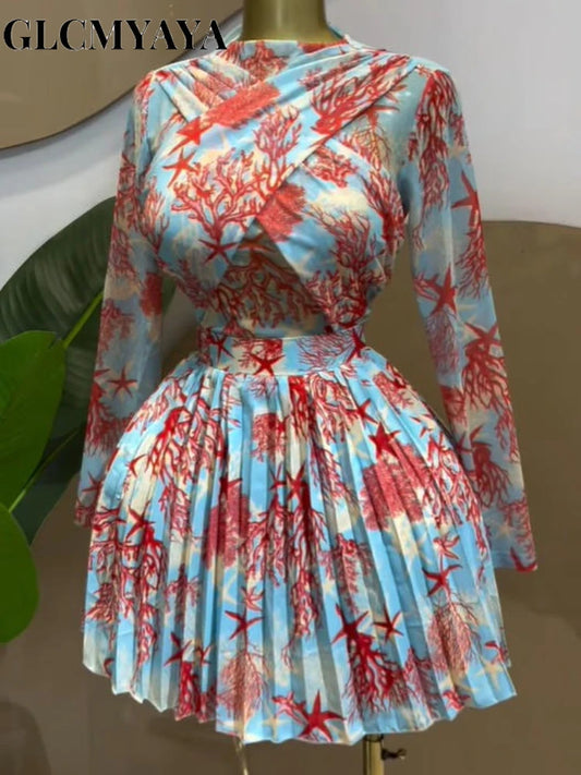 Women GLCMYAYA Leaf Print Long Sleeve O-neck Wrap Front Pleated  Elegant Romantic Vacation Party Birthday Dresses