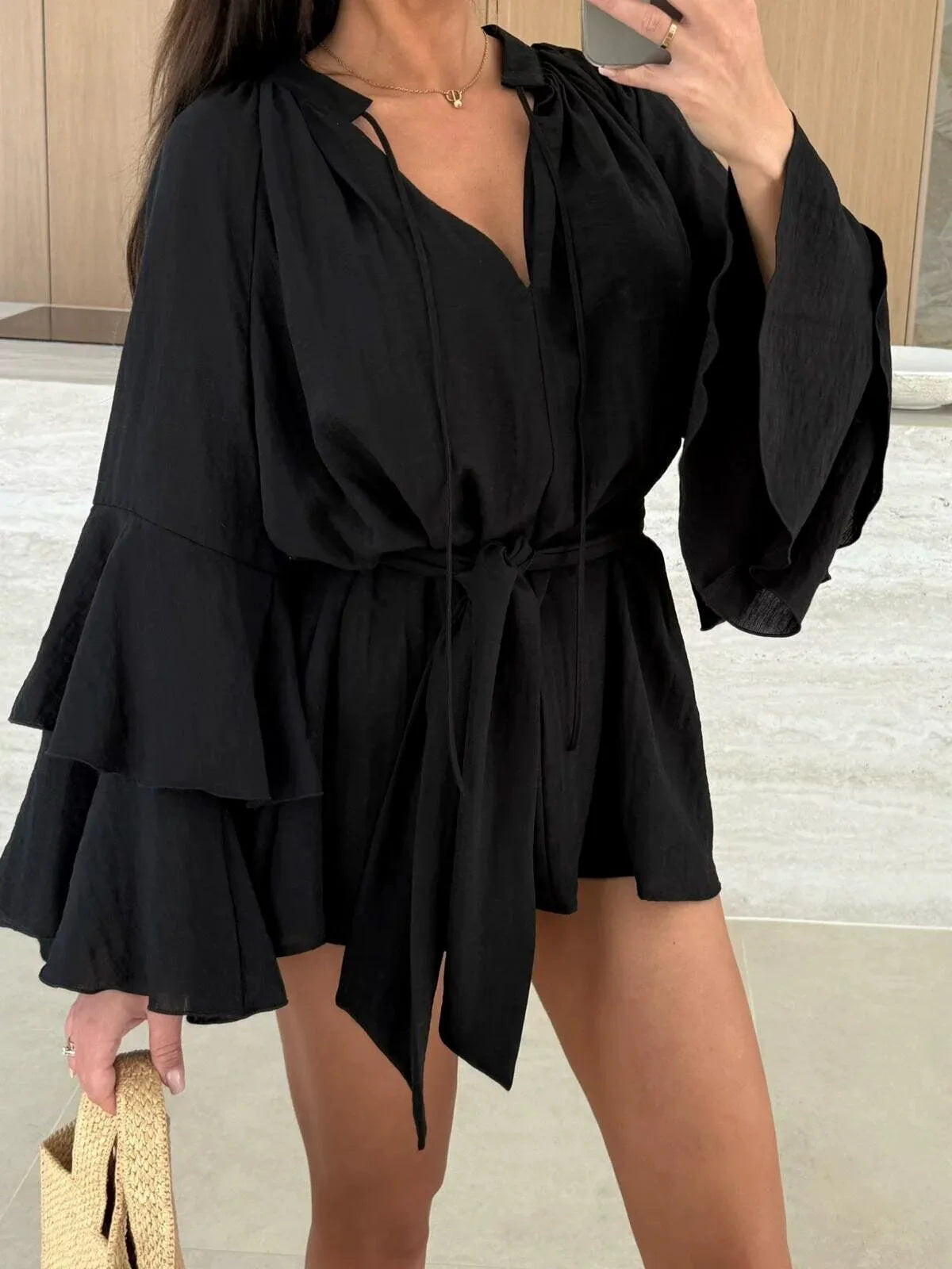 Women Sexy Deep V Lace Up Solid Dress