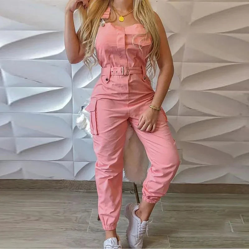 Women Fashion Strap Jumpsuit  Loose Dungarees Long Rompers Summer Solid Pockets Cargo Pants