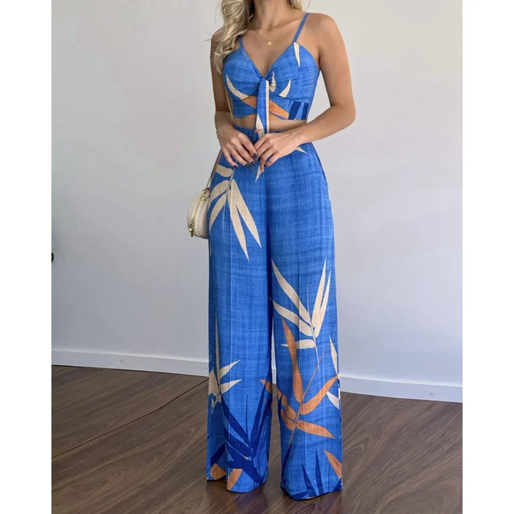 Women Summer Tropical Print Spaghetti Strap Casual Lace up Back Top &High Waist Pants Set 2 Pieces Suit Sets