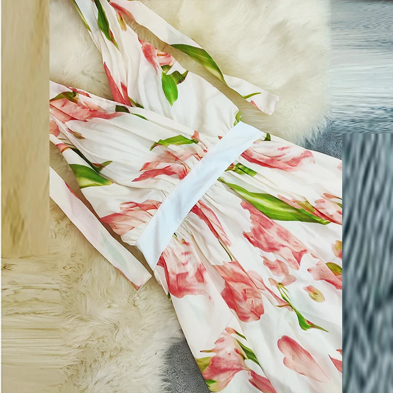 Women Fashion Halter Print Beach Vacation Sexy V-neck Sleeveless Lace Up  Elegant Lady High Waist Hollow Evening Long Dress