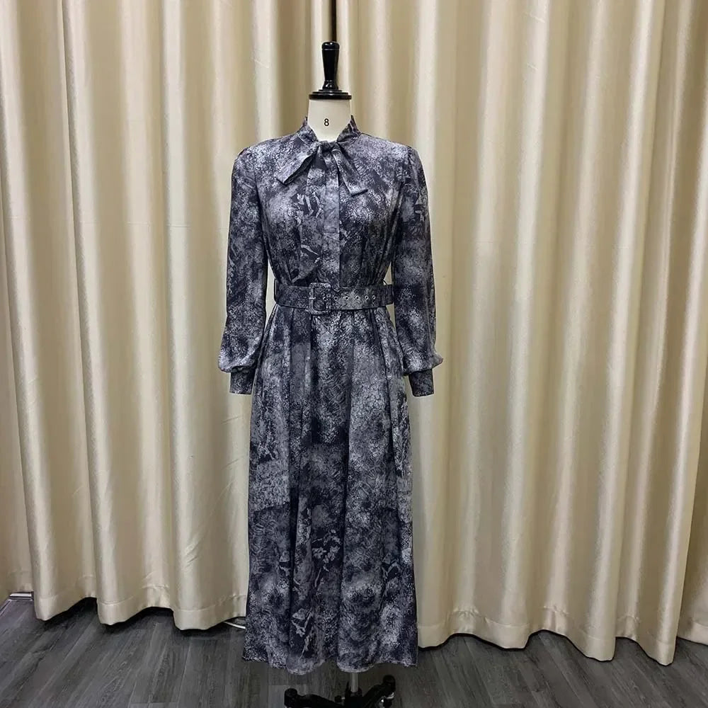 Women Elegant Vintage Dresses for  Bow Collar Full Sleeve Belt Waisted A Line Mid Calf Birthday Party Dinner Vestidos Mujer Dress
