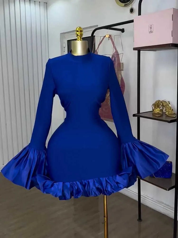 Women High Waisted Dress for Stand Collar Party Red Midi Dresses with Ruffle Around Female Spring Sexy   Dress