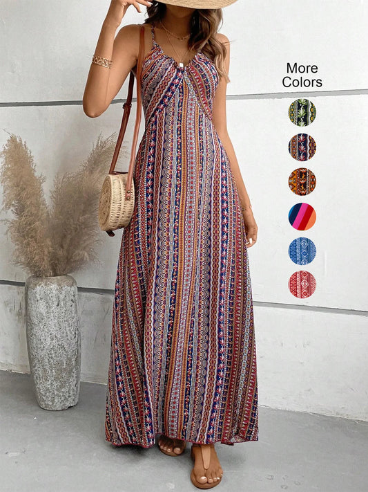 Women summer ethnic pattern backless split thigh beach dress