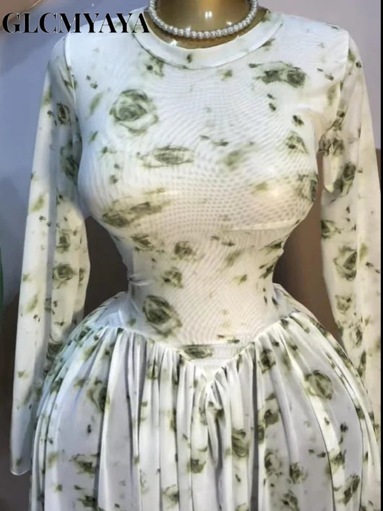 Women CM.YAYA Long Sleeve Tie Dye Print O-neck Big Swing Midi A-line Long  Evening Birthday Party Dresses