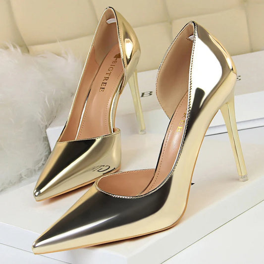 Women  High Heels Pumps Lady Stripper Stiletto Metallic Leather Scarpins Wedding Heels