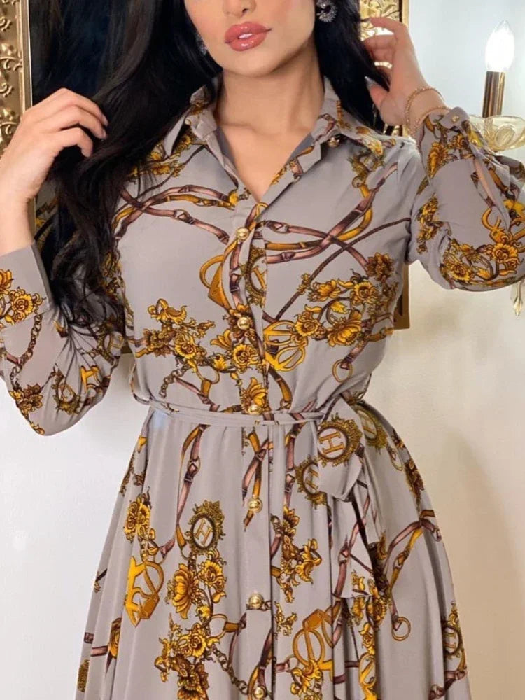 Women Muslim Abaya Ramadan Print Shirt Autumn  Islamic Vestidos Elegant India Moroccan Kaftan dress