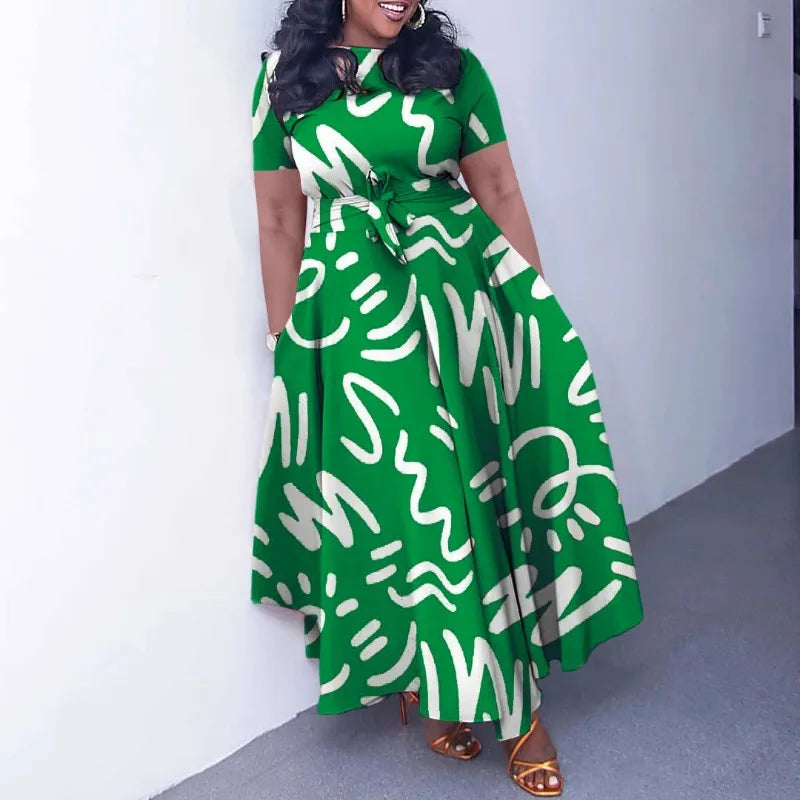 Women Dashiki Fashion Belted Maxi Long Party Dress Vintage Printed Sundress Casual Vestidos dress
