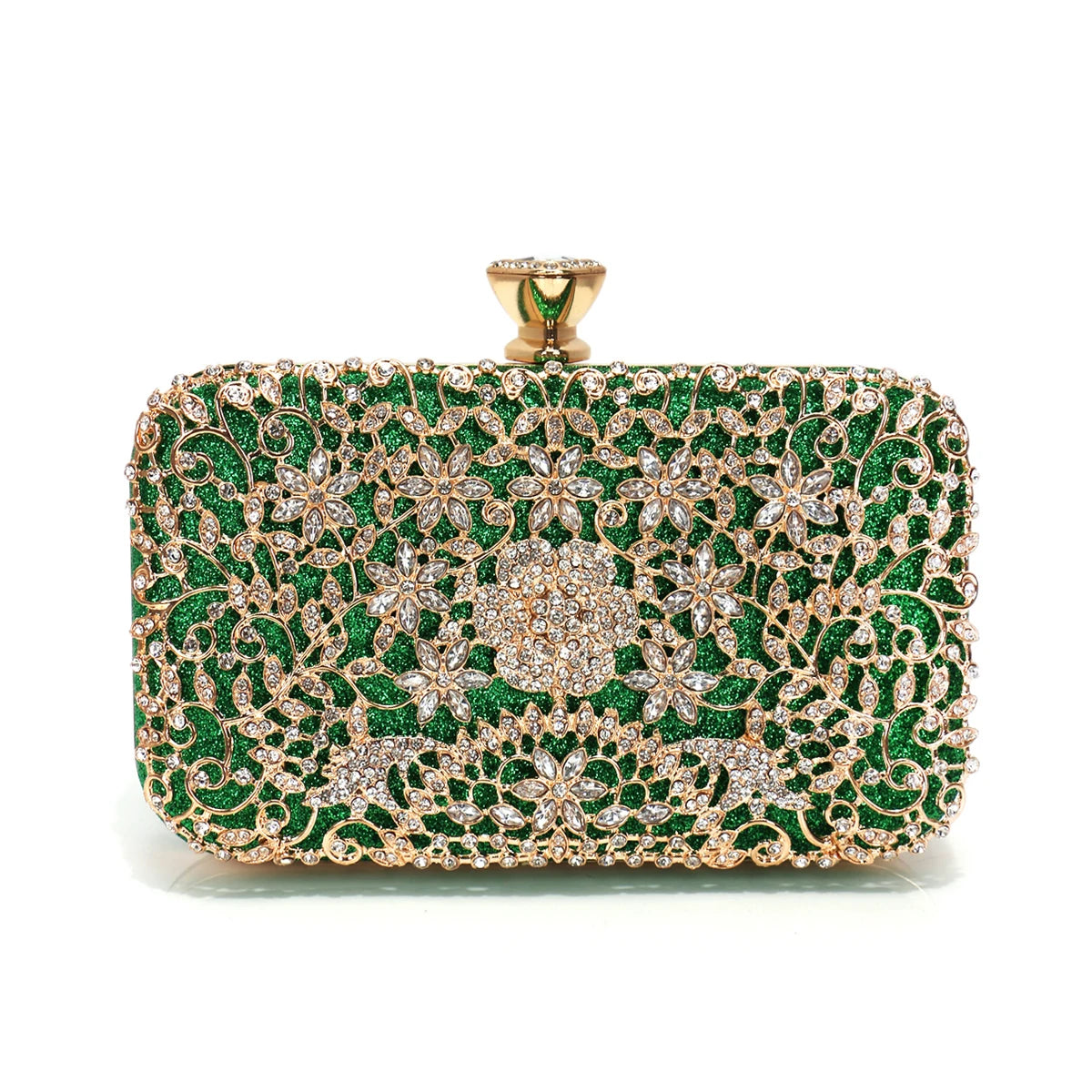 Women Hollow Out Style Rhinestones Golden Metal Banquet  Luxury Metal Rhinestones Evening Bags Flap P