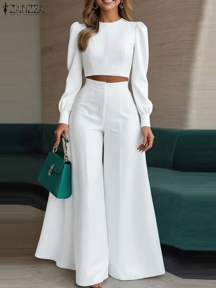 Women elegant Autumn ZANZEA Fashion 2PCS Tracksuits Long Sleeve Blouses Wide Leg Trousers