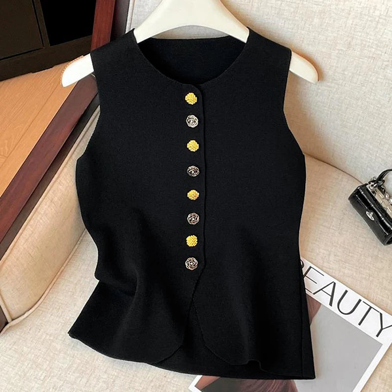 Women Elegant Flower Buttons O Neck Sleeveless Sweater Slim waistcoat