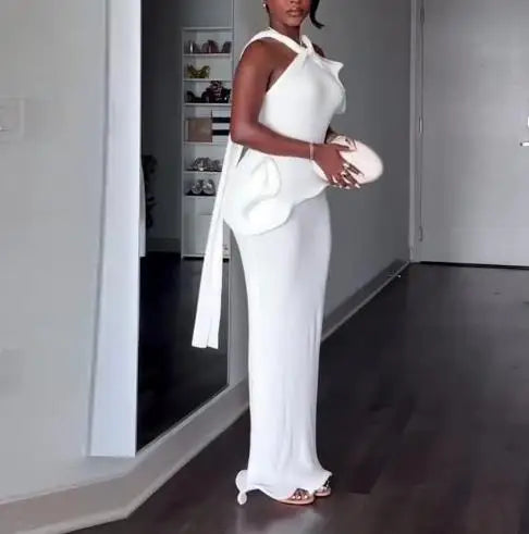Women Spring New Hanging Neck Solid Color Sexy Backless Elegant Temperament Slim Fit Hip Hugging Long Dress