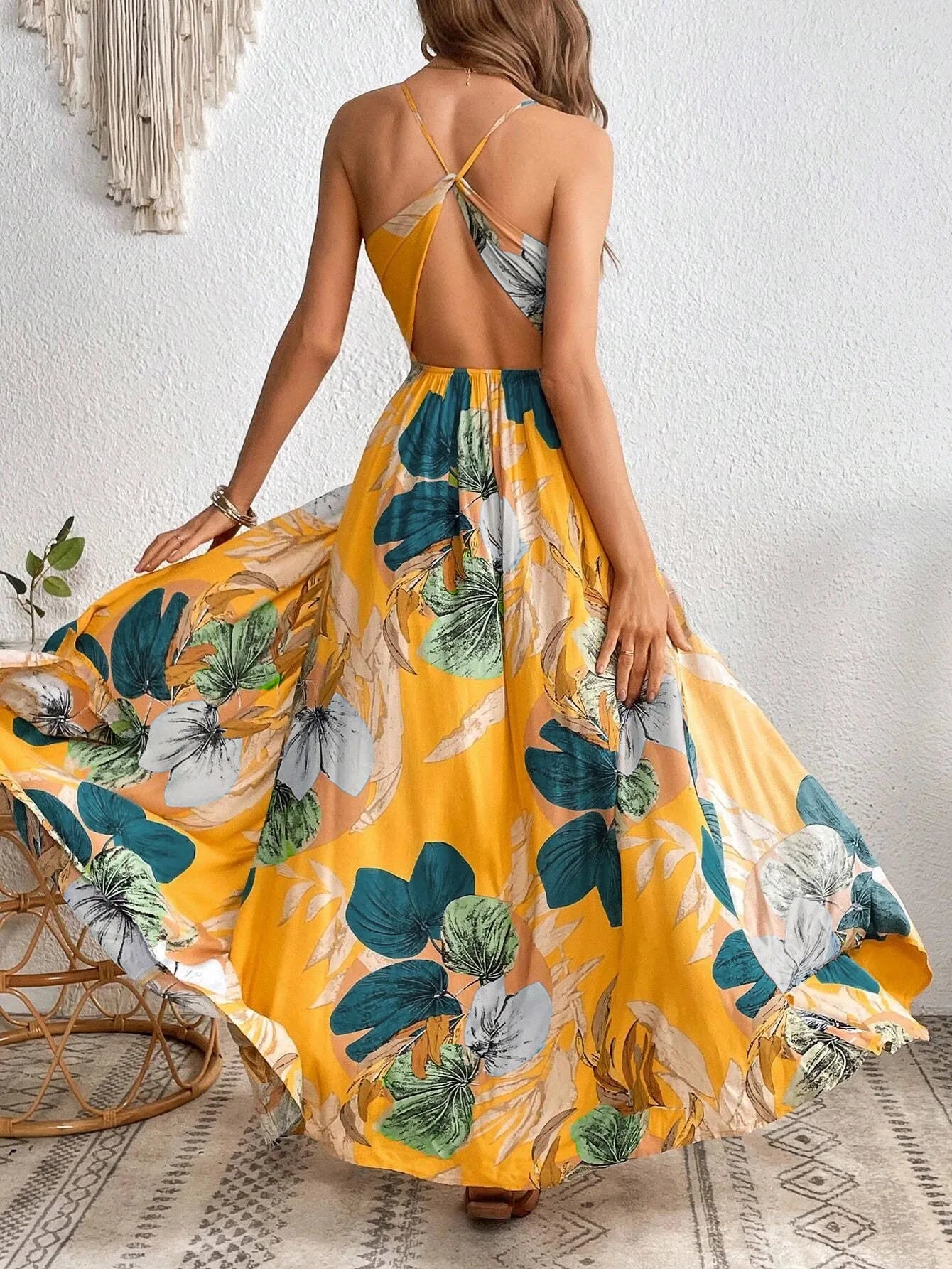 Women Tropical Print Thigh-High Slit Backless Spaghetti Strap Dress