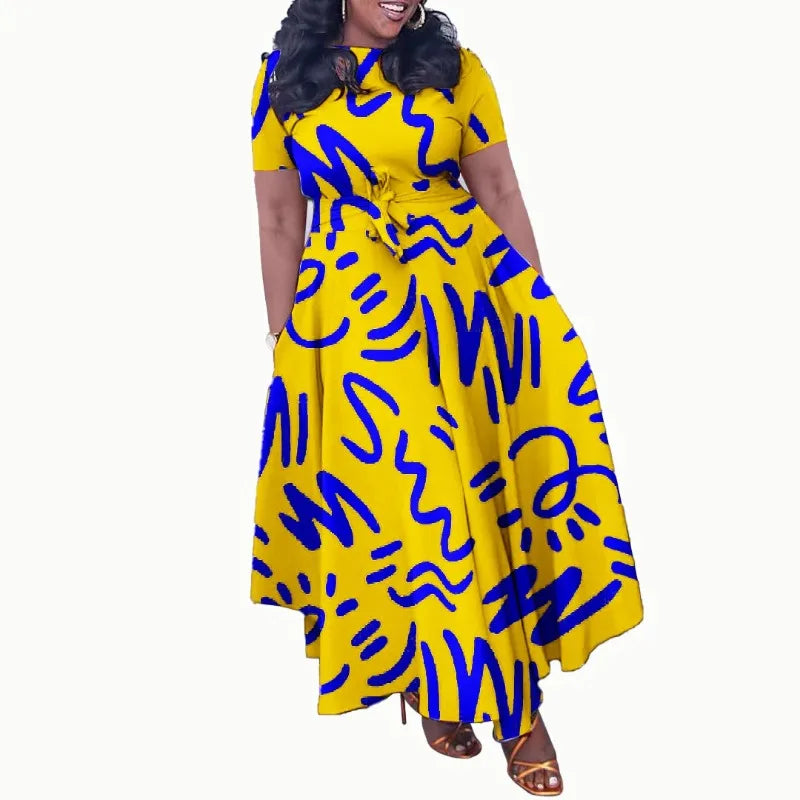 Women Dashiki Fashion Belted Maxi Long Party Dress Vintage Printed Sundress Casual Vestidos dress