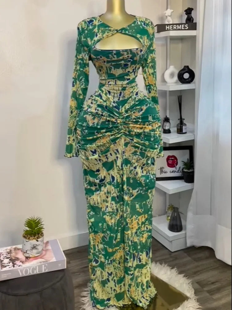 Women O-neck Long Sleeve Pleated Inner A-line  Evening Sexy Party Birthday Vacation Long Maxi Dresses Vestidos