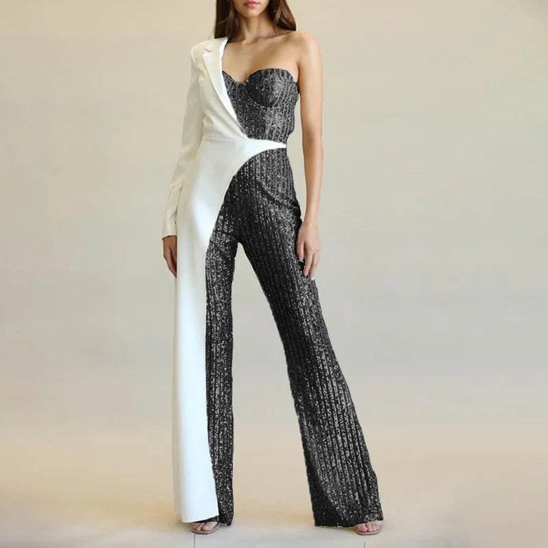 Women CM.YAYA  One Long Sleeve Strapless Sequined Blazer Wide Leg Jumpsuits Evening Party One Piece Set Romper Playsuit