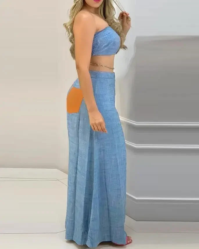 Ladies Two Piece Sets Summer Fashion Color block Bandeau Sleeveless Shirring Crop Top and Casual Wide Leg Long Pants Set