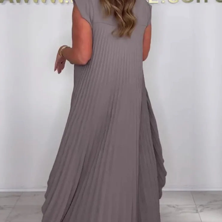 Women Summer Solid Casual Holiday Two Piece Sets Elegant Pleated Irregular O Neck Sleeveless Top + Wide-leg Pants Loose Outfits