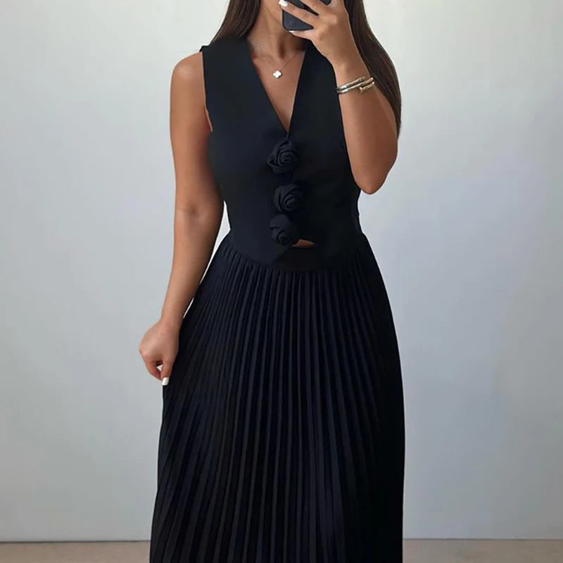 Women Sexy Sleeveless V Neck Vest Match Fold Skirt Suit Fashion Solid Color Commute 2 Piece Set Elegant Lady Formal Occasions Outfits