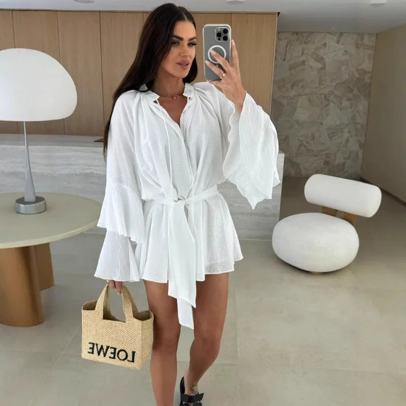 Women Sexy Deep V Lace Up Solid Dress