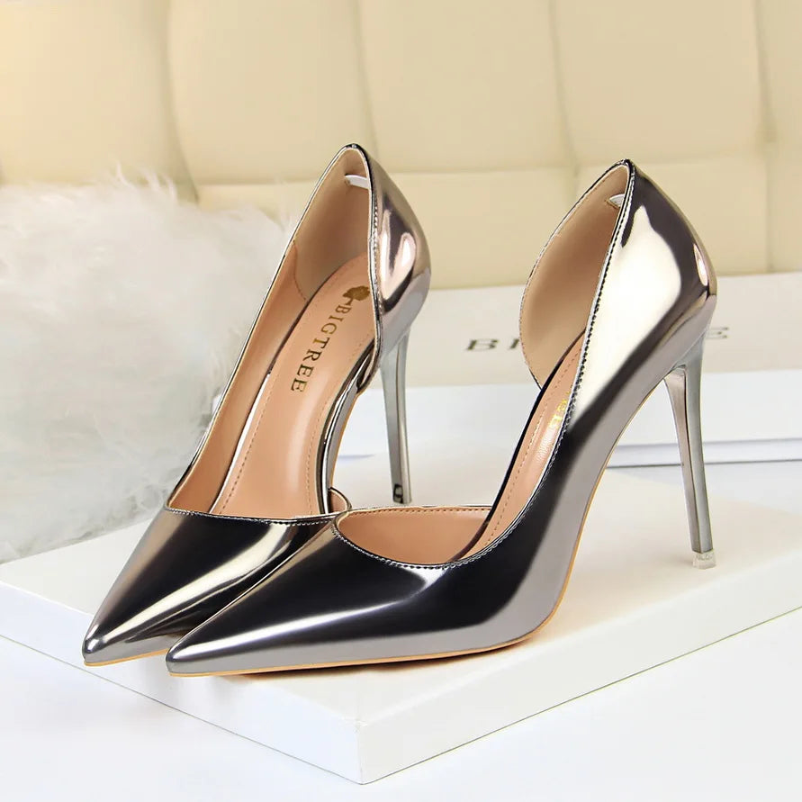 Women  High Heels Pumps Lady Stripper Stiletto Metallic Leather Scarpins Wedding Heels