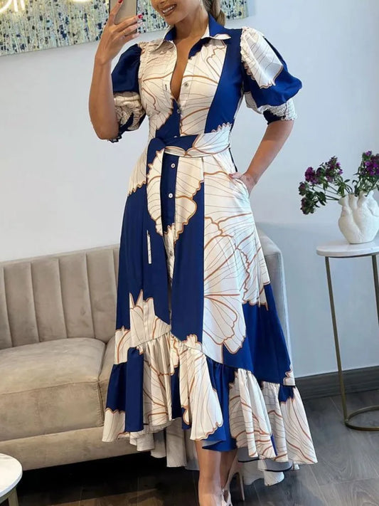 Women Spring With Button Cardigan Style Floral Printed Collar Single Breasted Ruffles Hem Female Vintage Beach Maxi Dress