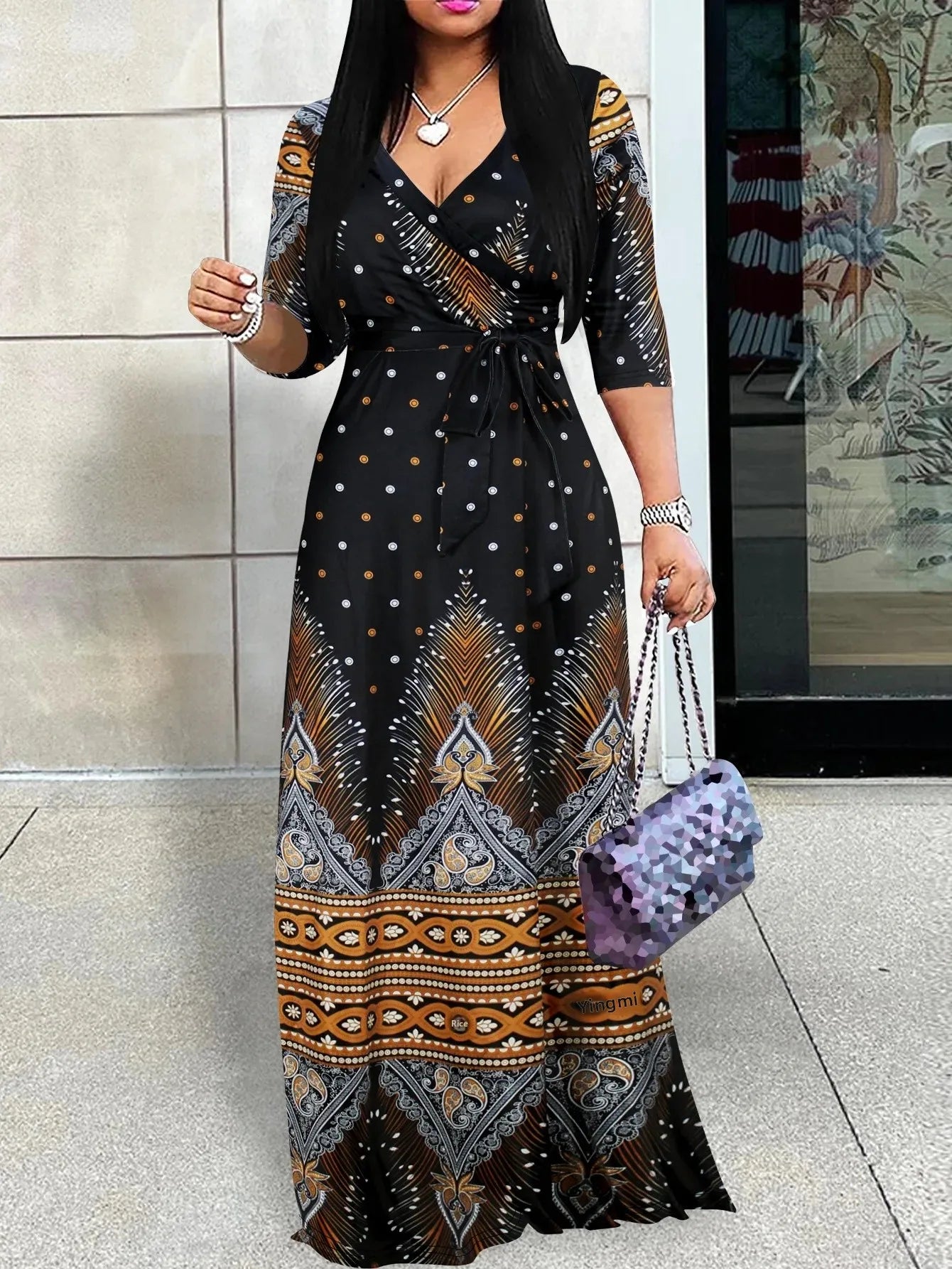 Women Elegant Long Dress with Belt Mid Sleeve V-Neck for Spring Summer Autumn Fashionable  Ankle-length Dress