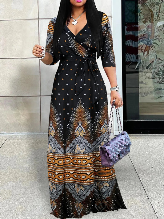 Women Elegant Long Dress with Belt Mid Sleeve V-Neck for Spring Summer Autumn Fashionable  Ankle-length Dress