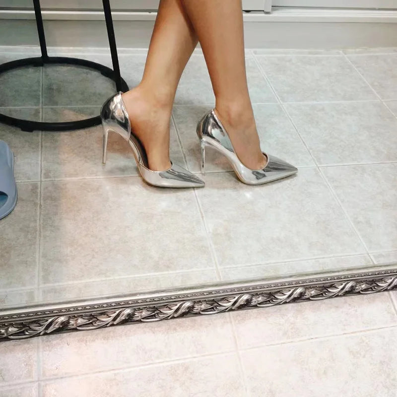 Women  High Heels Pumps Lady Stripper Stiletto Metallic Leather Scarpins Wedding Heels
