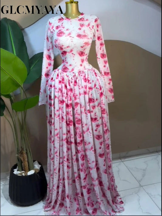 Women CM.YAYA Long Sleeve Tie Dye Print O-neck Big Swing Midi A-line Long  Evening Birthday Party Dresses