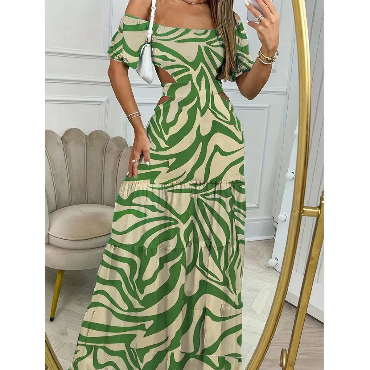Women new straight neck elastic waist long elegant sexy one-piece dress
