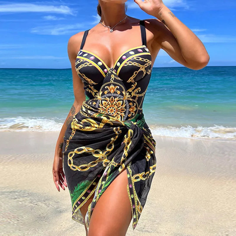 Lady Summer Sexy Print One Piece Swimsuits Closed Female Swimwear Push Up Body