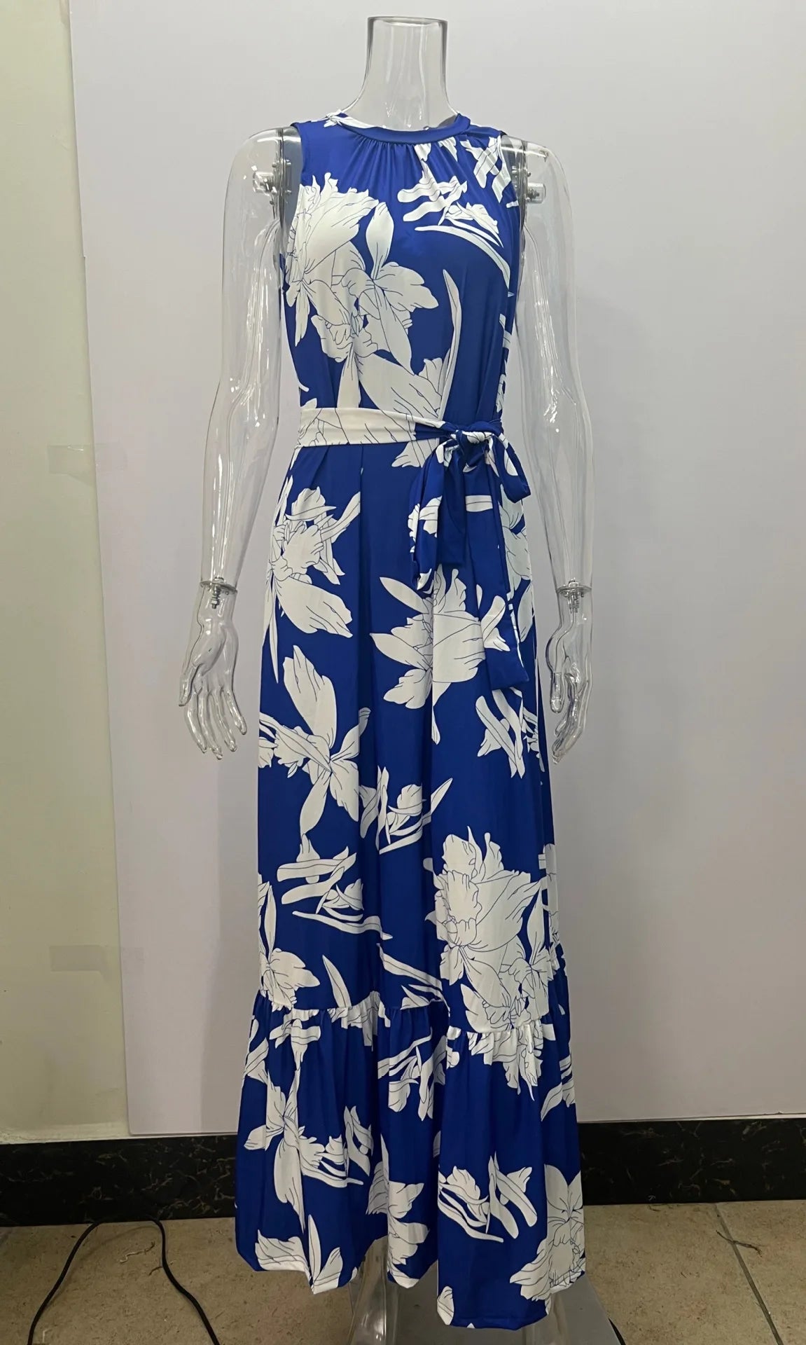 Women Europe and America Cross border Summer New Fashion Print Round Neck Lace up Mid length Dress
