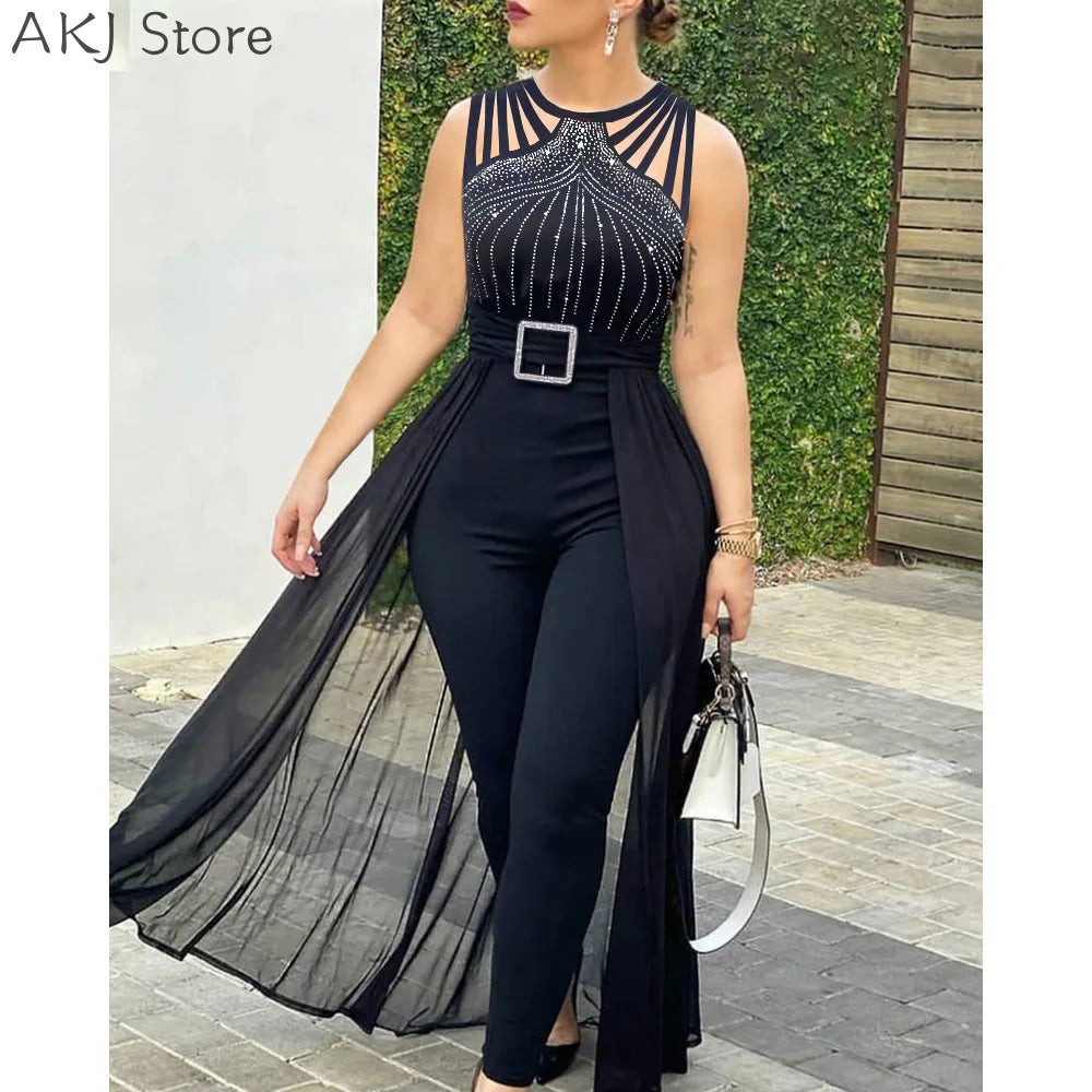 Women's sexy round neck rhinestone sheer mesh sleeveless with belt jumpsuit