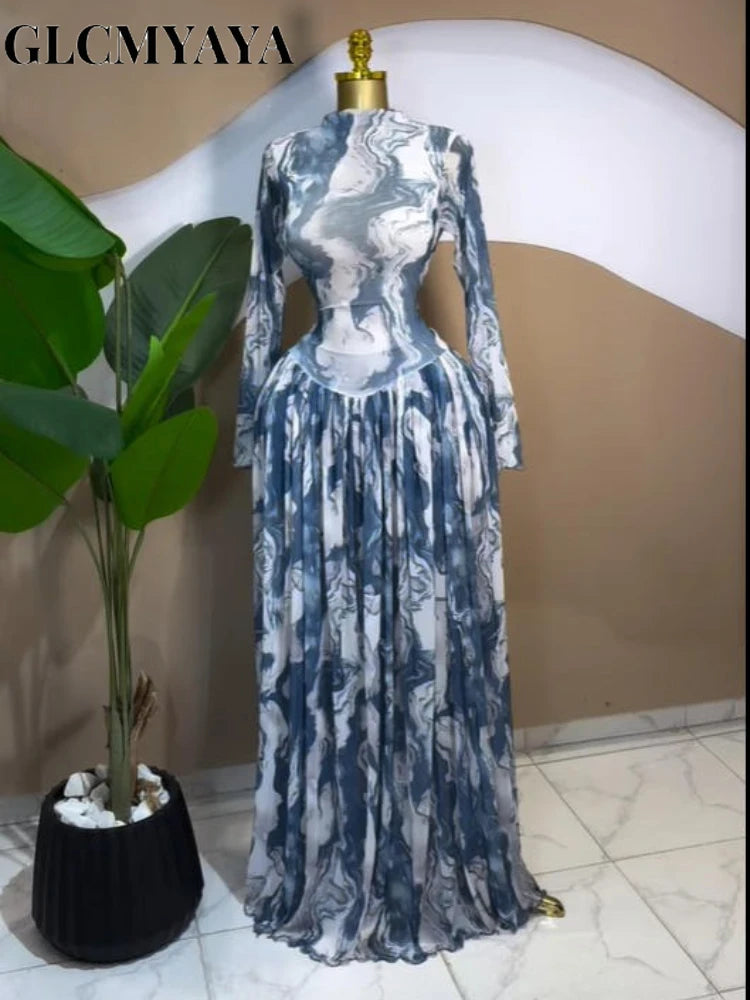 Women CM.YAYA Long Sleeve Tie Dye Print O-neck Big Swing Midi A-line Long  Evening Birthday Party Dresses