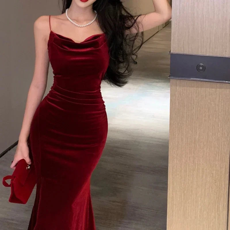 Women Vintage Sexy Club Prom Red  Spaghetti Strap Slit Velvet Beach Bandage Bodycon Midi Dress Party Elegant