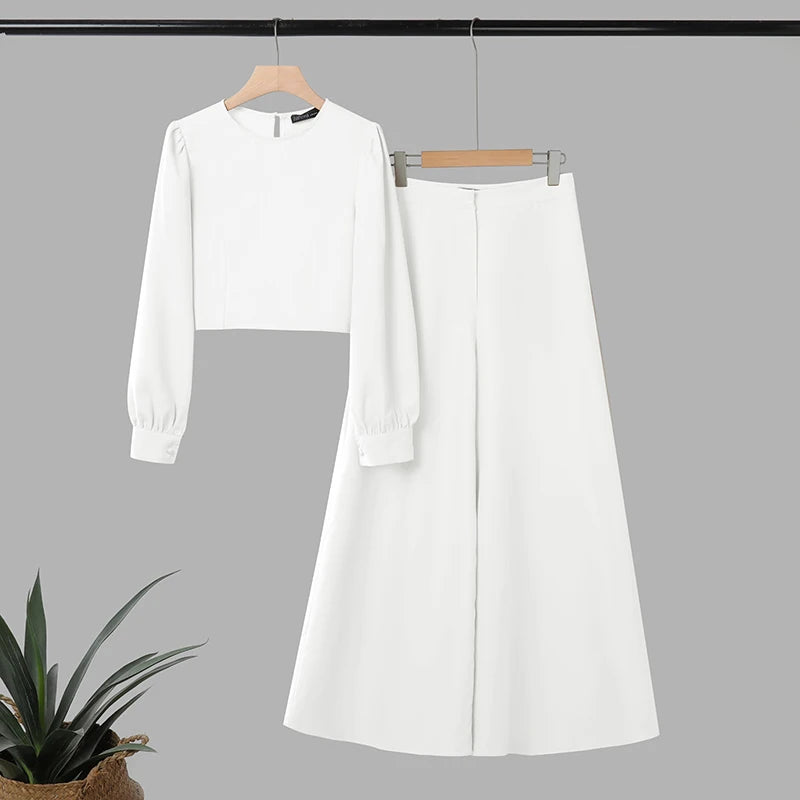Women elegant Autumn ZANZEA Fashion 2PCS Tracksuits Long Sleeve Blouses Wide Leg Trousers