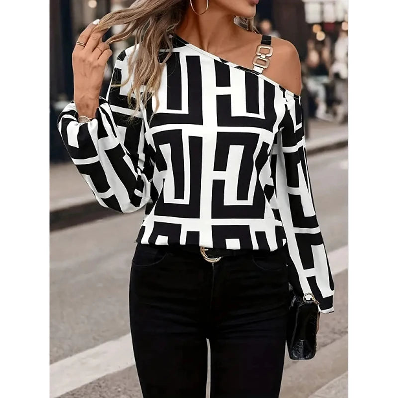 Women elegant Geometric Printed blouse spring neck off shoulder long sleeve hoodie casual shirt