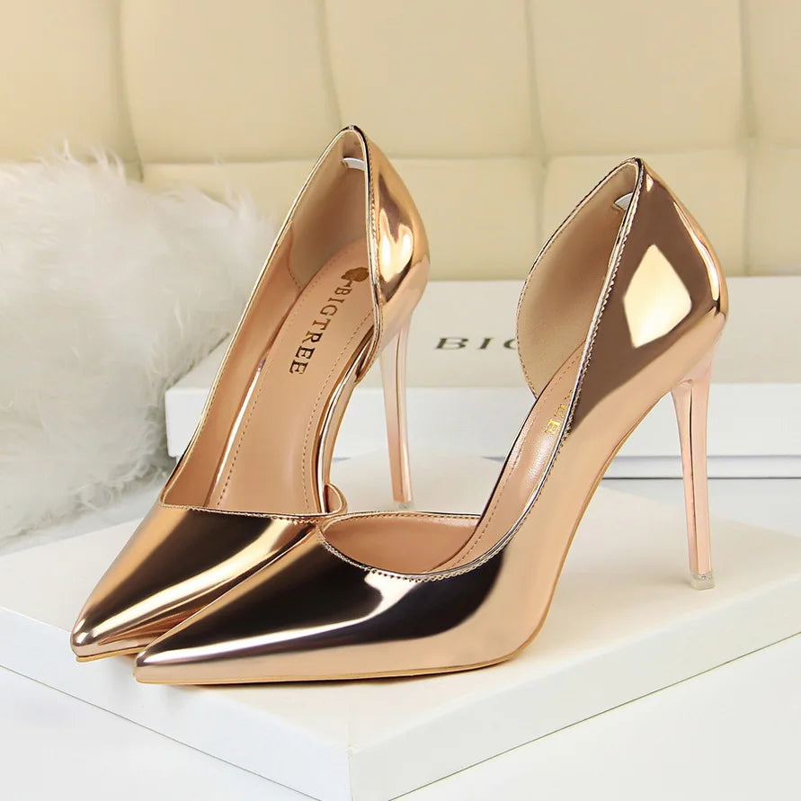 Women  High Heels Pumps Lady Stripper Stiletto Metallic Leather Scarpins Wedding Heels