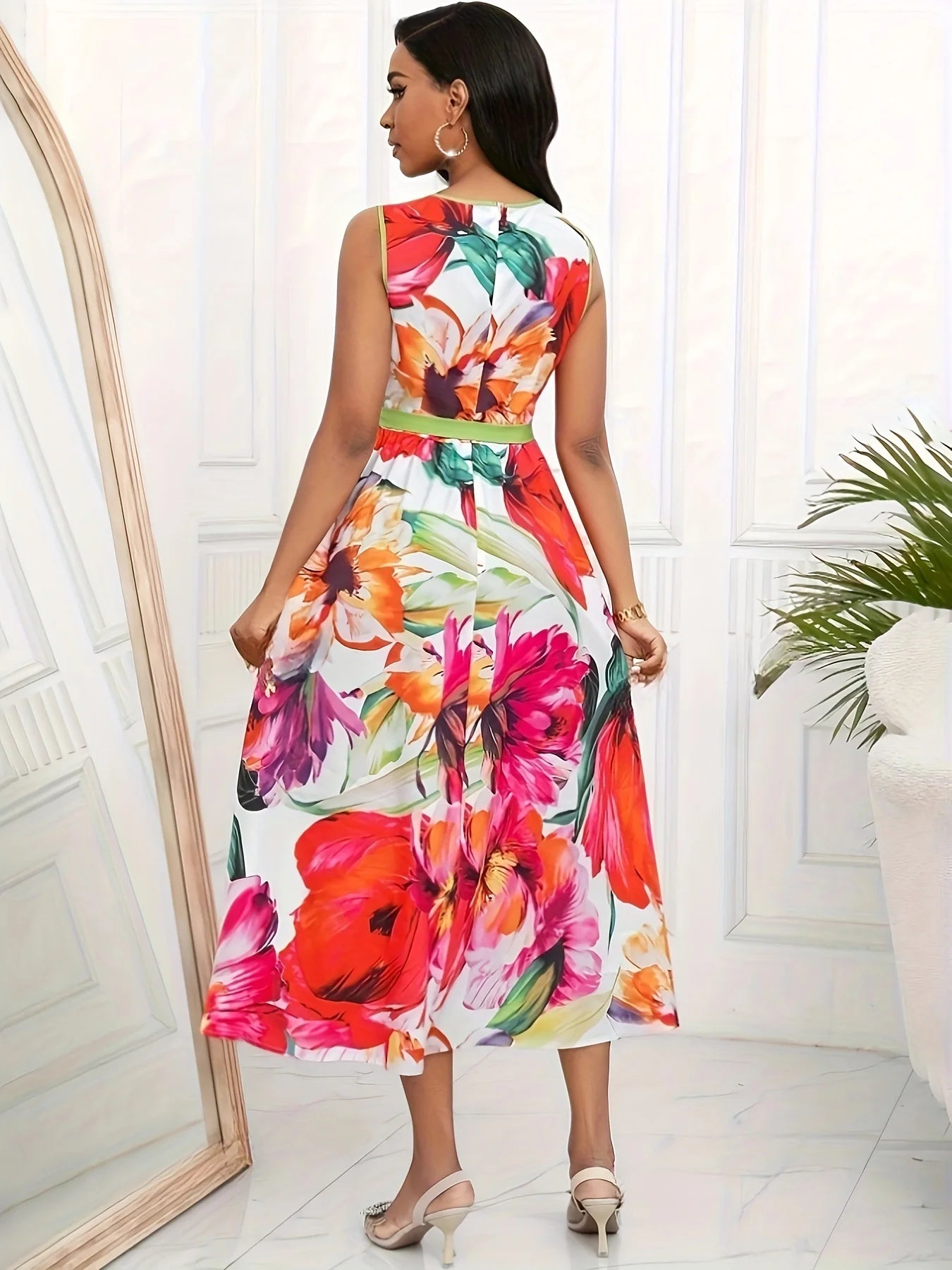 Women Elegant Spring Summer Floral Print Vacation Party O Neck Lace Up Sleeveless Tank Long Dress