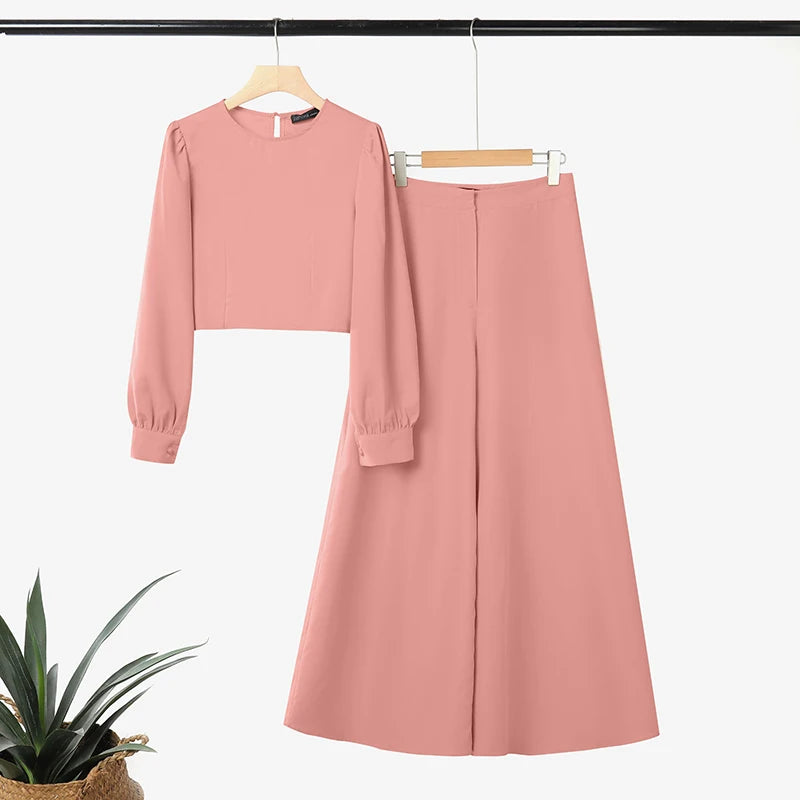 Women elegant Autumn ZANZEA Fashion 2PCS Tracksuits Long Sleeve Blouses Wide Leg Trousers
