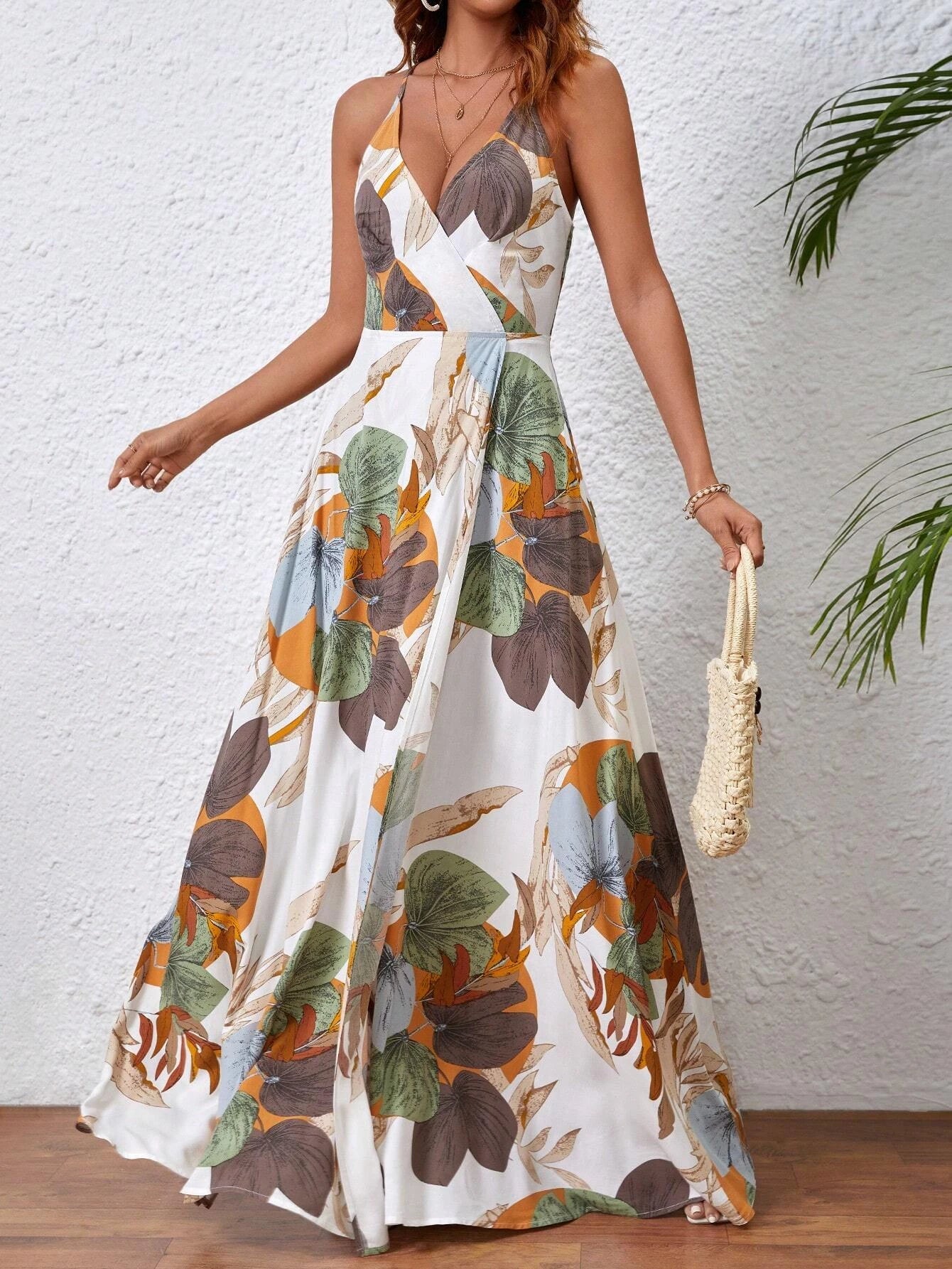 Women Tropical Print Thigh-High Slit Backless Spaghetti Strap Dress